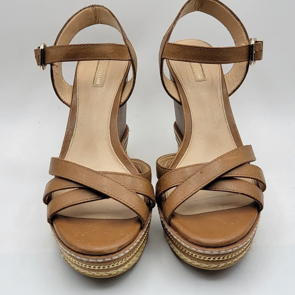 Antonio Melani Tan Leather‎ Wedge Sandals Strappy Platform Gold Chain Detail 9.5